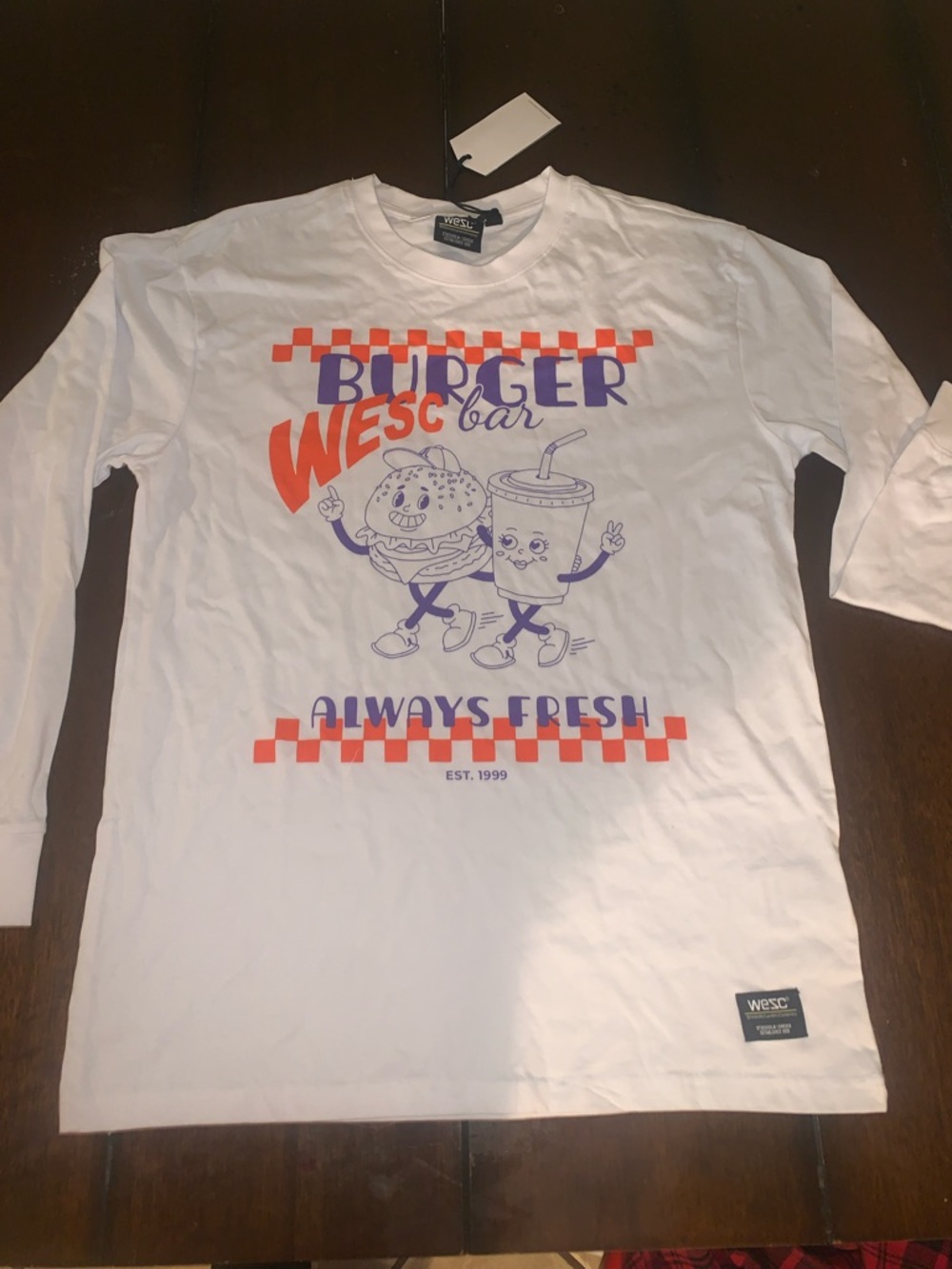 WESC White Long Sleeve Tee with Purple & Orange Burger Graphic
